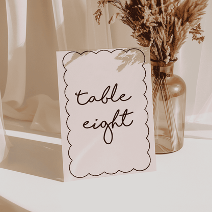 Paris wedding table number sign with scalloped border, ideal for personalised reception stationery
