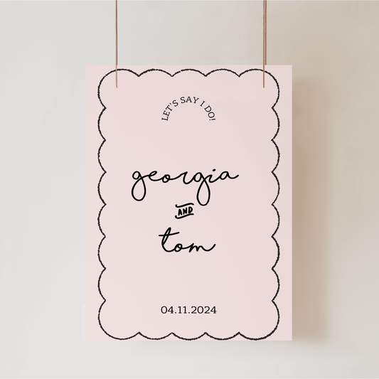 Paris welcome sign with decorative border featuring couple names and wedding date