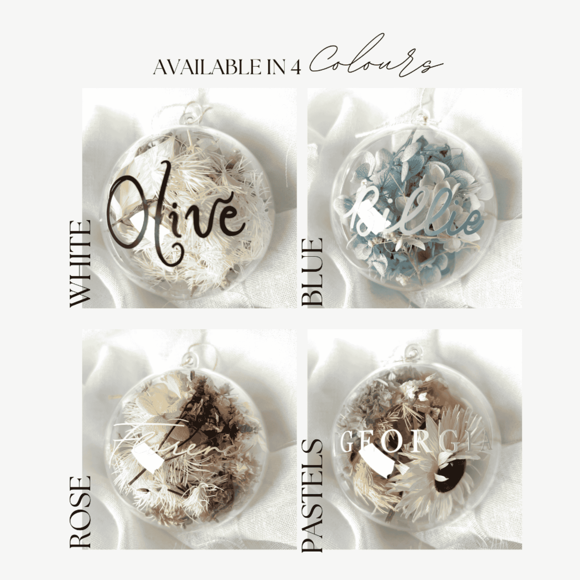 Personalised dried floral Christmas baubles in assorted colours, ideal for Christmas tree decorating and meaningful festive gifts