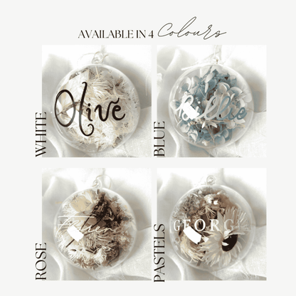 Personalised dried floral Christmas baubles in assorted colours, ideal for Christmas tree decorating and meaningful festive gifts