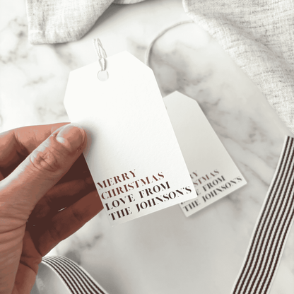 Custom Christmas gift tag printed on quality card, matching wedding stationery, invitations and event design