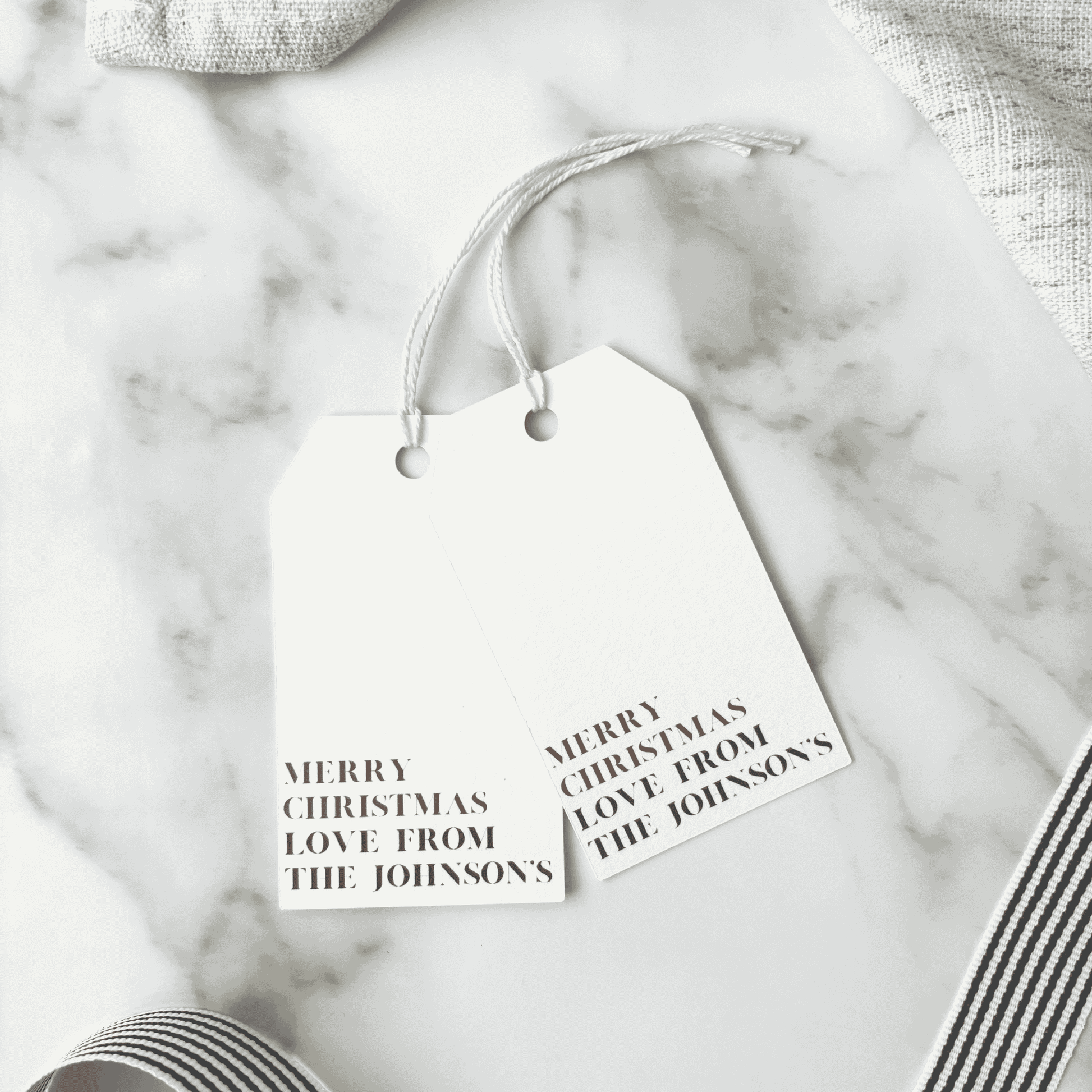 Set of personalised Christmas gift tags, handmade paper stationery inspired by wedding invitations and custom printed designs