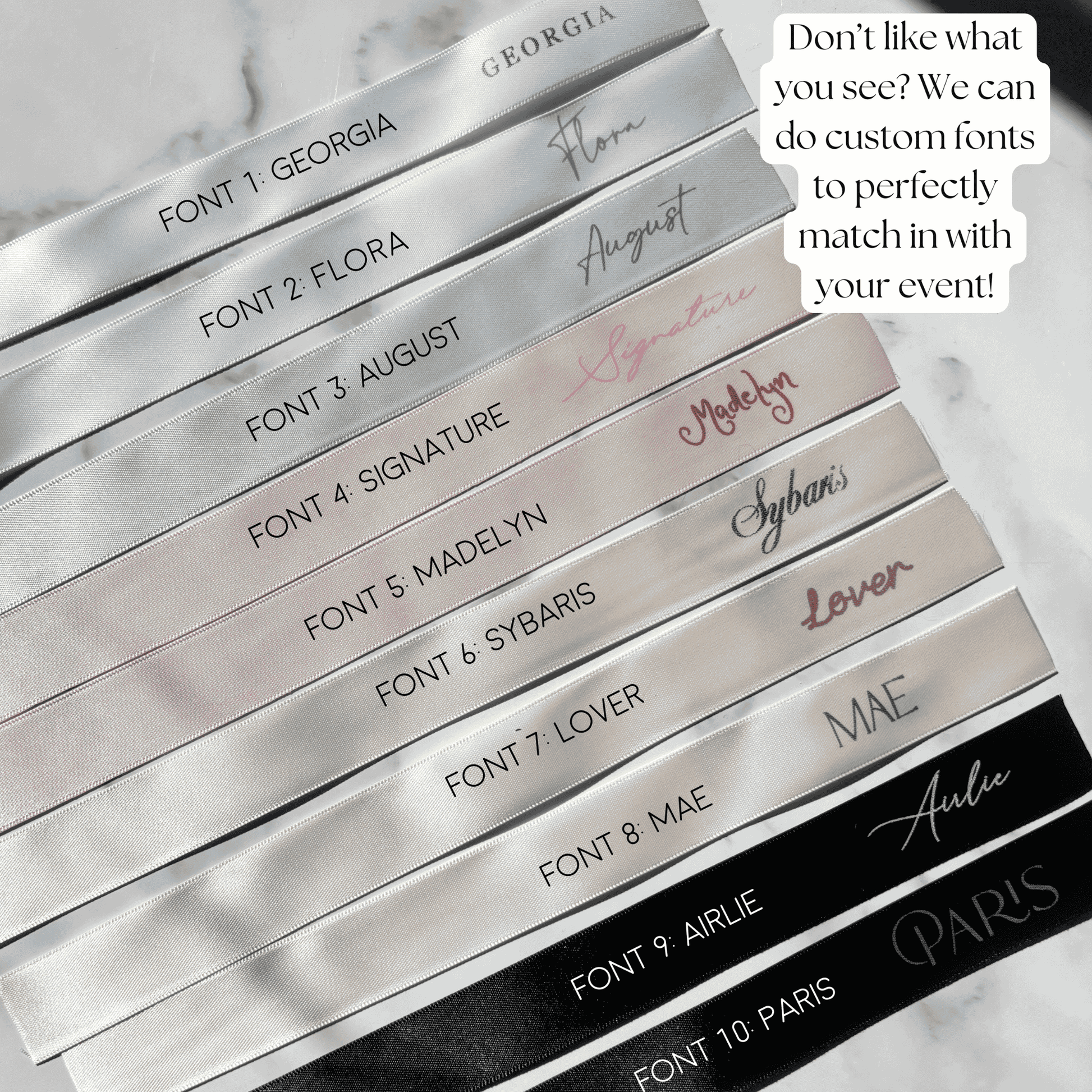 Custom font options for personalised wedding ribbons, invitation suites and wedding stationery