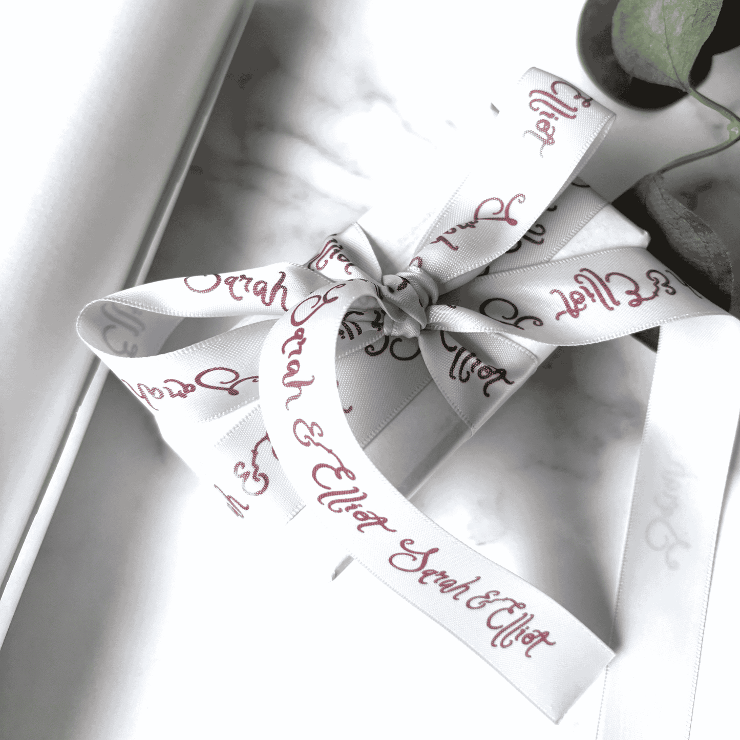 Custom printed ribbon with names in burgundy for wedding invitation suites and stationery