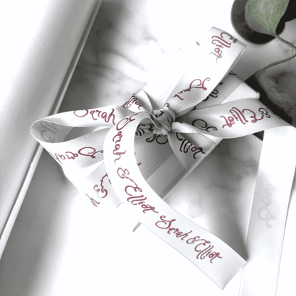 Custom printed ribbon with names in burgundy for wedding invitation suites and stationery