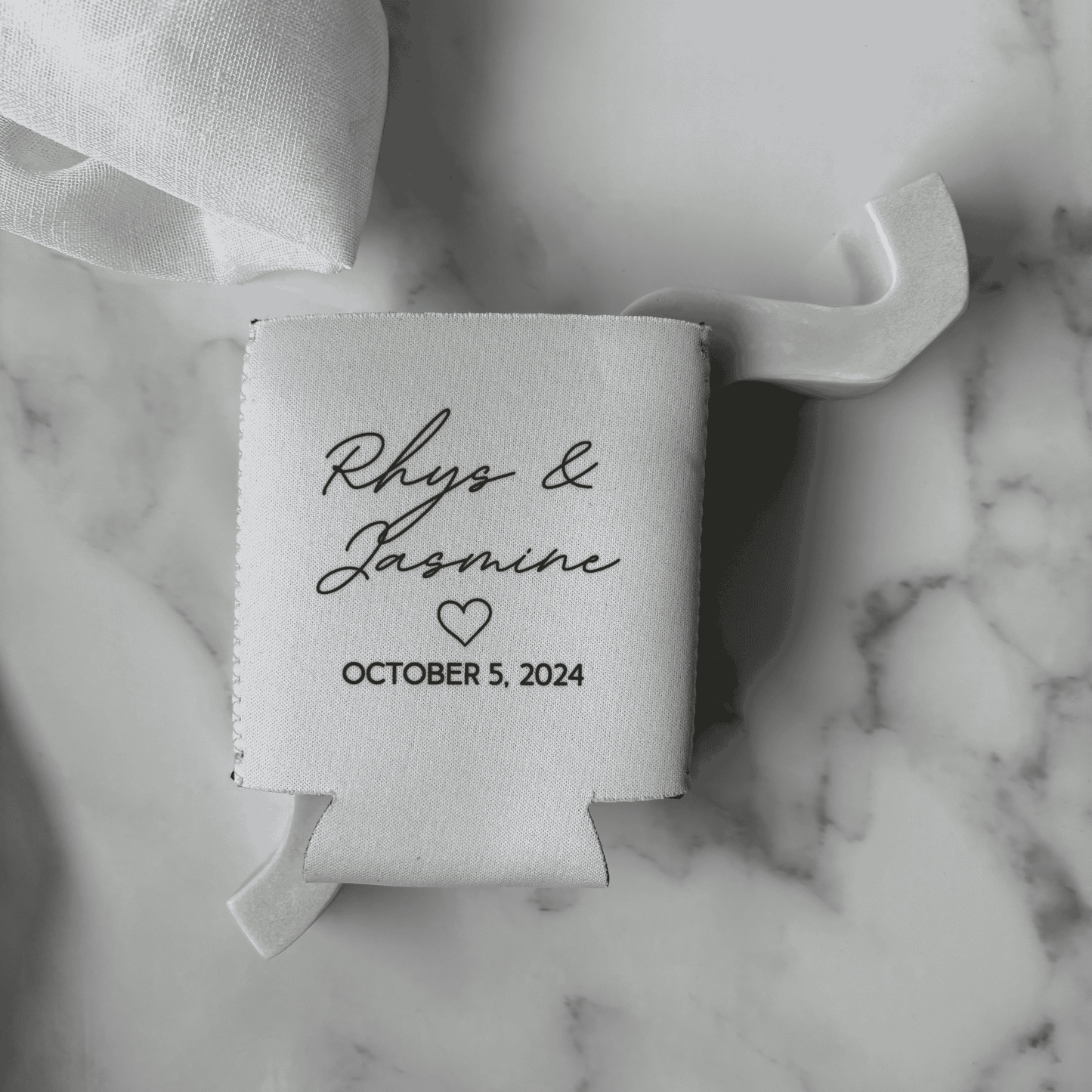 Personalised wedding stubby holder with couple names and date, custom wedding stationery and wedding favours for receptions