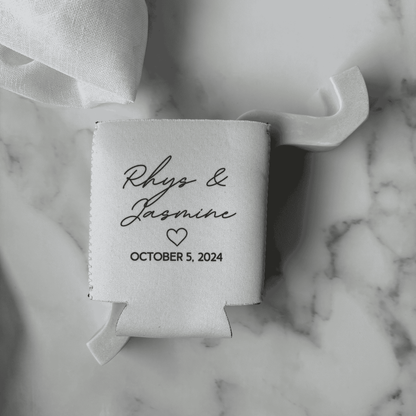 Personalised wedding stubby holder with couple names and date, custom wedding stationery and wedding favours for receptions