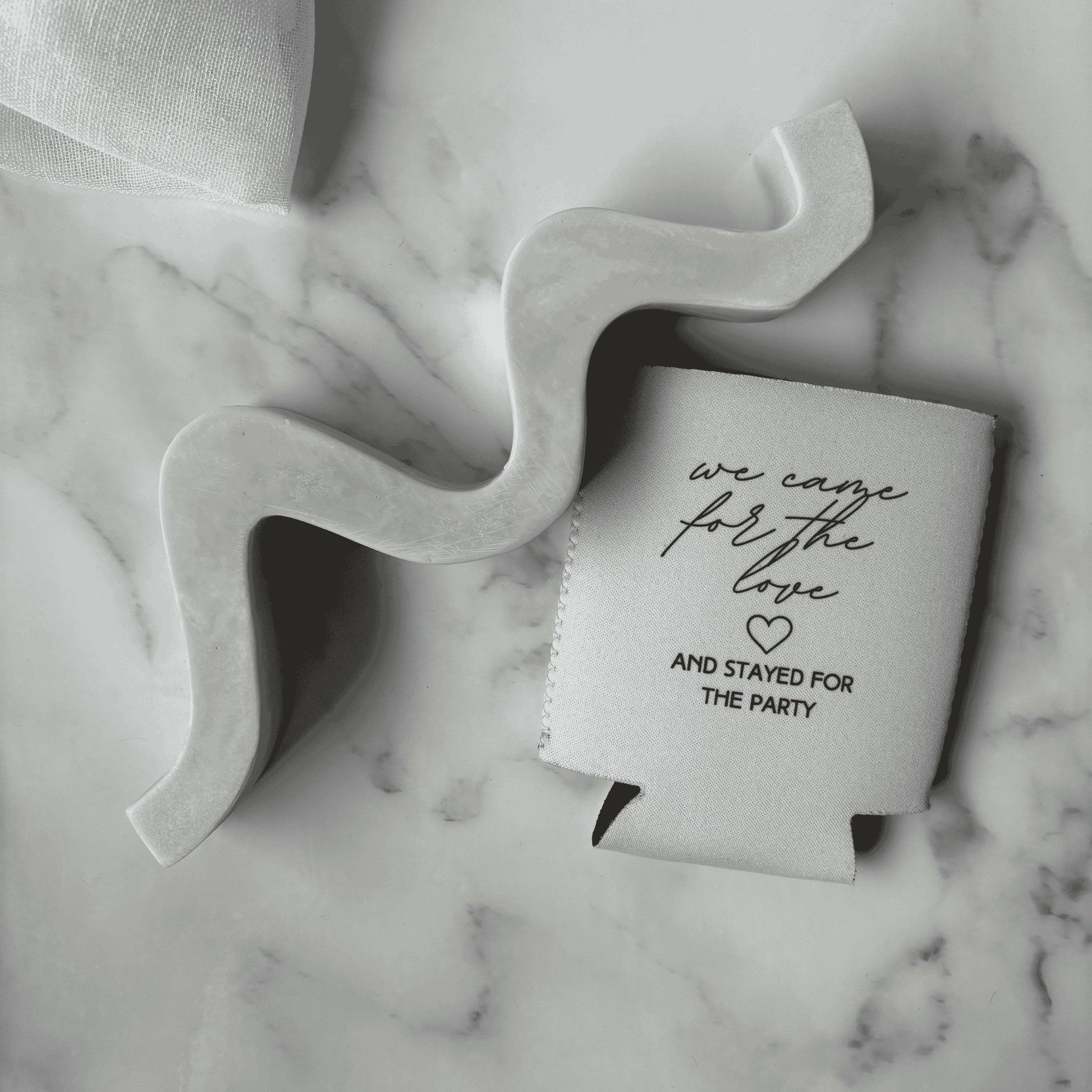 Wedding stubby holder with fun reception wording, personalised wedding favours designed to match wedding invitation suites