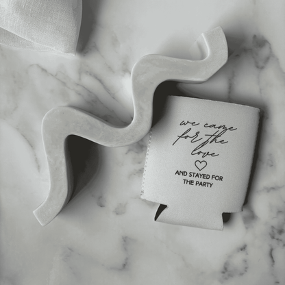 Wedding stubby holder with fun reception wording, personalised wedding favours designed to match wedding invitation suites