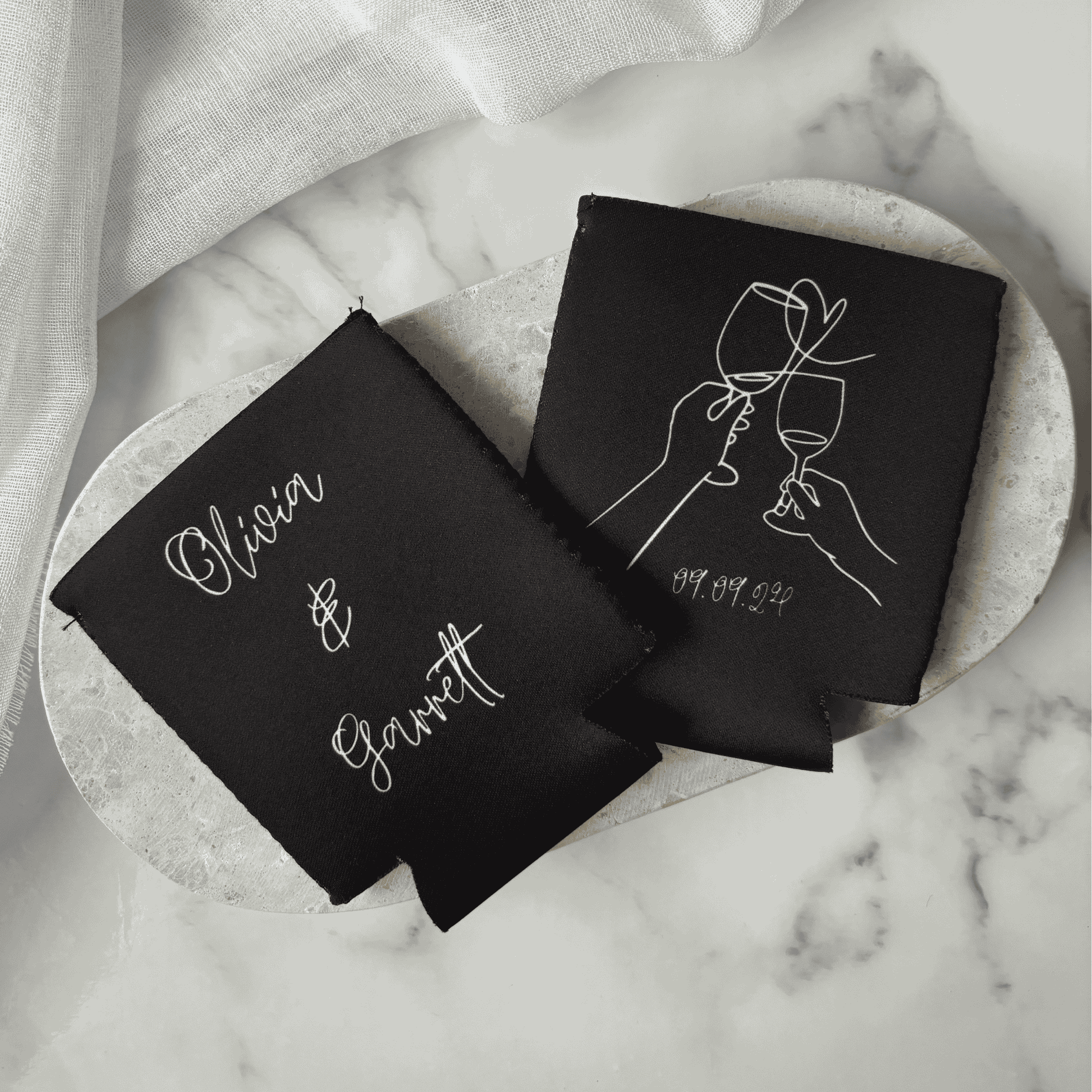Black personalised wedding stubby holder with couple names and wedding date for wedding favours and accessories wedding