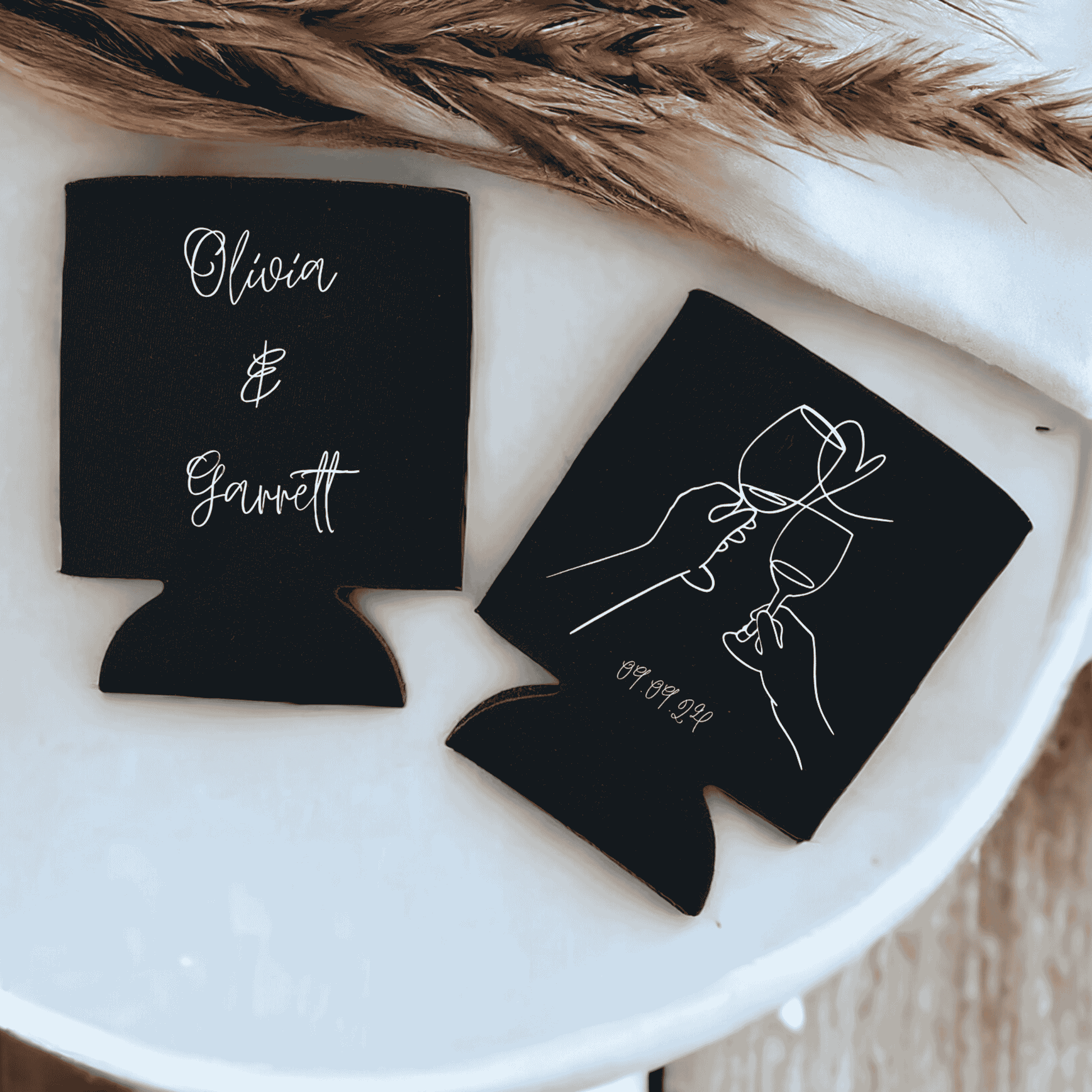 Personalised wedding stubby holder with line art illustration for wedding favours and engagement gift ideas