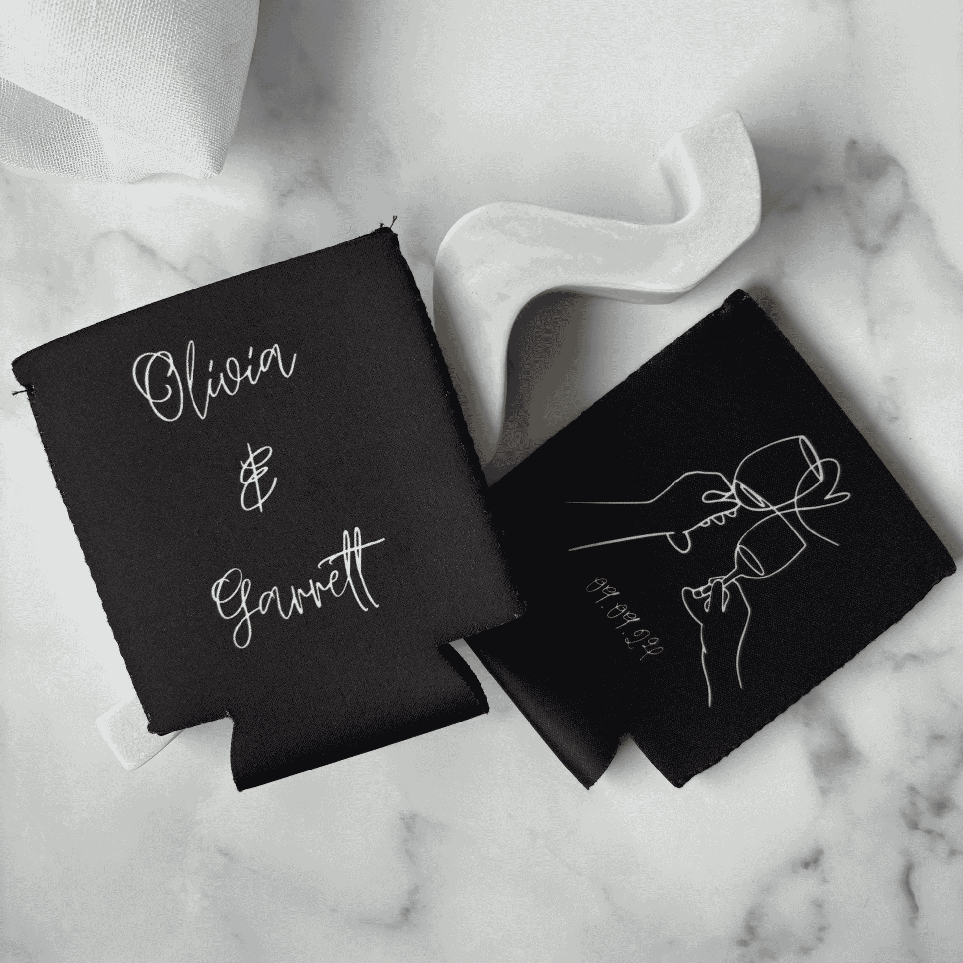 Modern black personalised wedding stubby holder styled simply for wedding favours and wedding stationery accessories