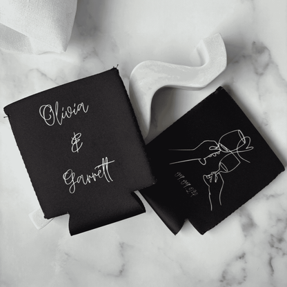 Modern black personalised wedding stubby holder styled simply for wedding favours and wedding stationery accessories