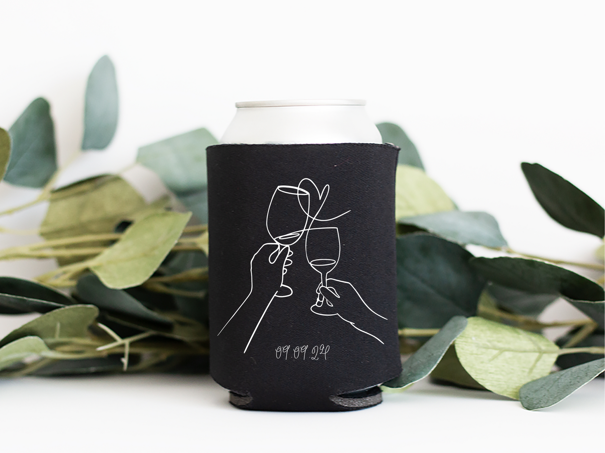 Close up of personalised wedding stubby holder showing line art illustration and custom printing for wedding favours