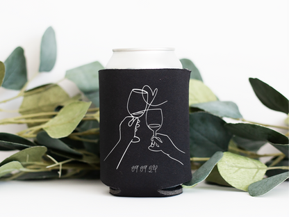 Close up of personalised wedding stubby holder showing line art illustration and custom printing for wedding favours