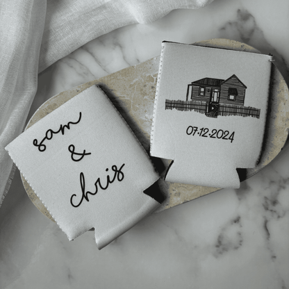Custom wedding stubby holders featuring venue artwork and date, a practical wedding favour for bar signage and table styling