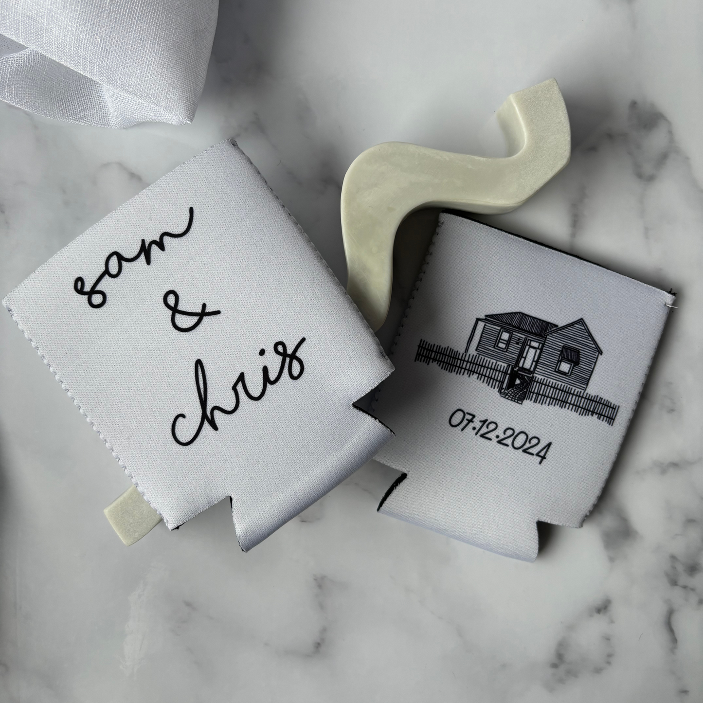 Personalised wedding stubby holders with custom venue illustration, ideal wedding favours and accessories for wedding events