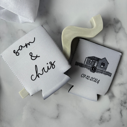 Personalised wedding stubby holders with custom venue illustration, ideal wedding favours and accessories for wedding events