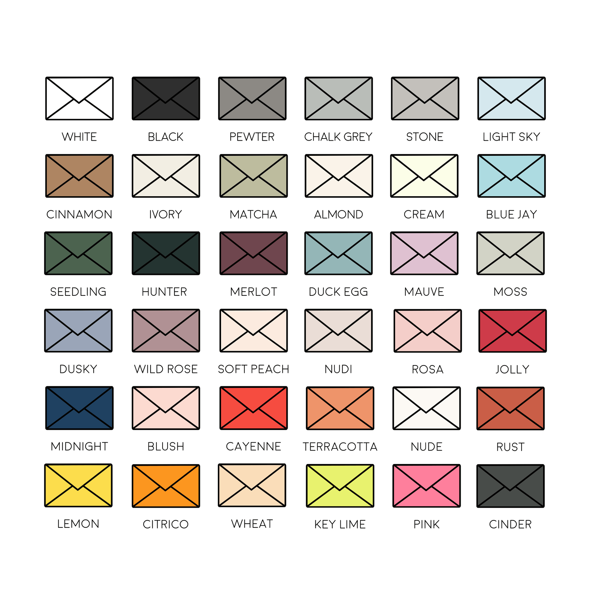 Colour swatches of wedding invitation envelopes including neutrals pastels and bold shades for custom stationery