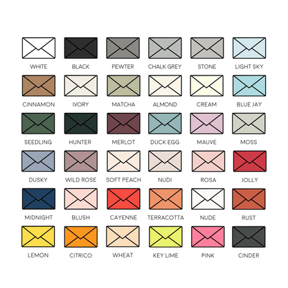 Colour swatches of wedding invitation envelopes including neutrals pastels and bold shades for custom stationery