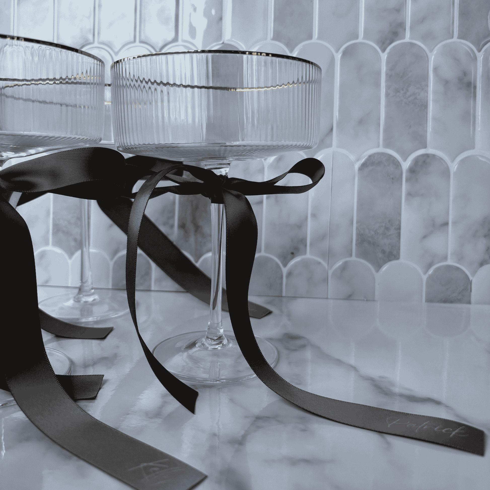 Black satin printed ribbon for wedding place cards on glassware wedding table settings wedding signage