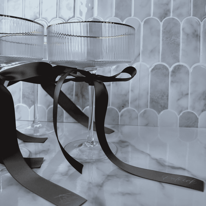 Black satin printed ribbon for wedding place cards on glassware wedding table settings wedding signage
