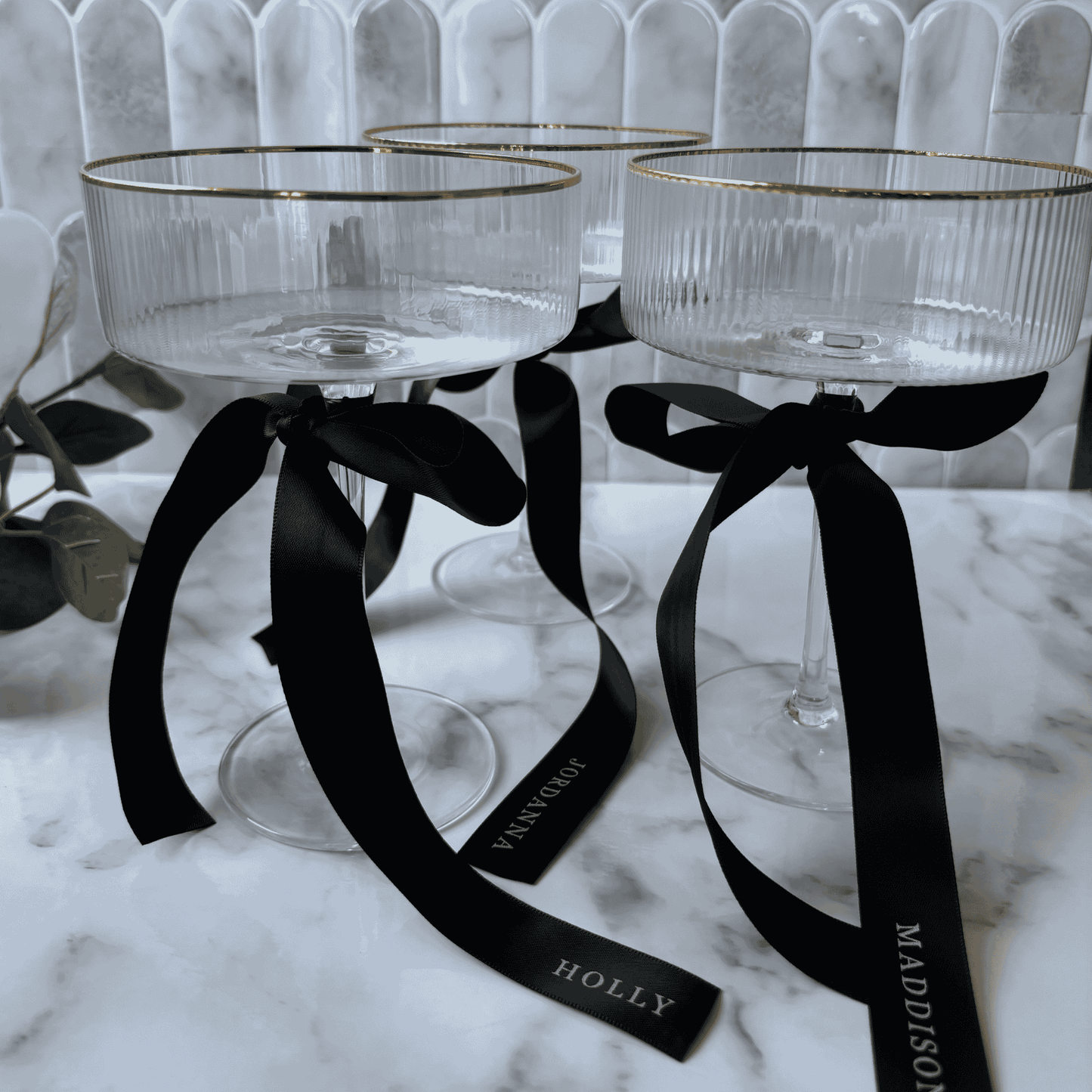 Printed ribbon for wedding place cards on glassware wedding table settings wedding signage