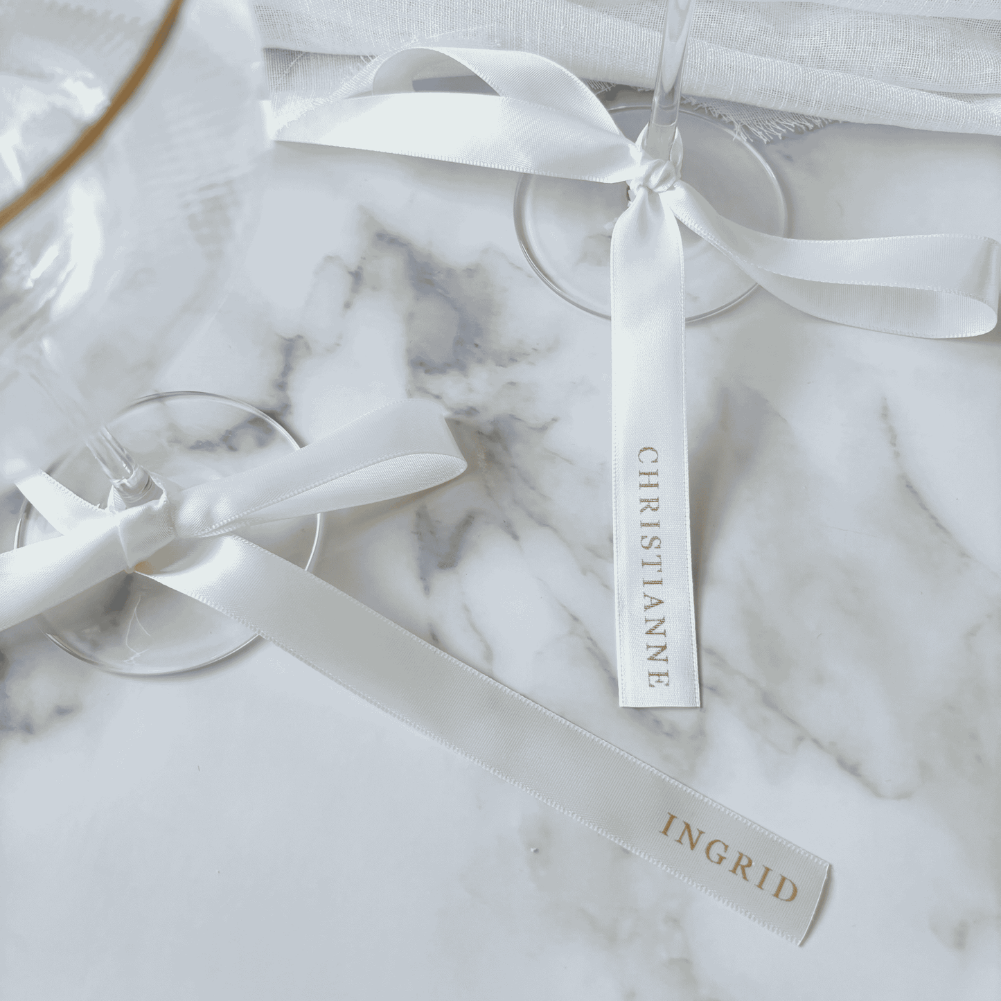 White satin personalised ribbon with gold print for wedding place cards wedding table settings decoration