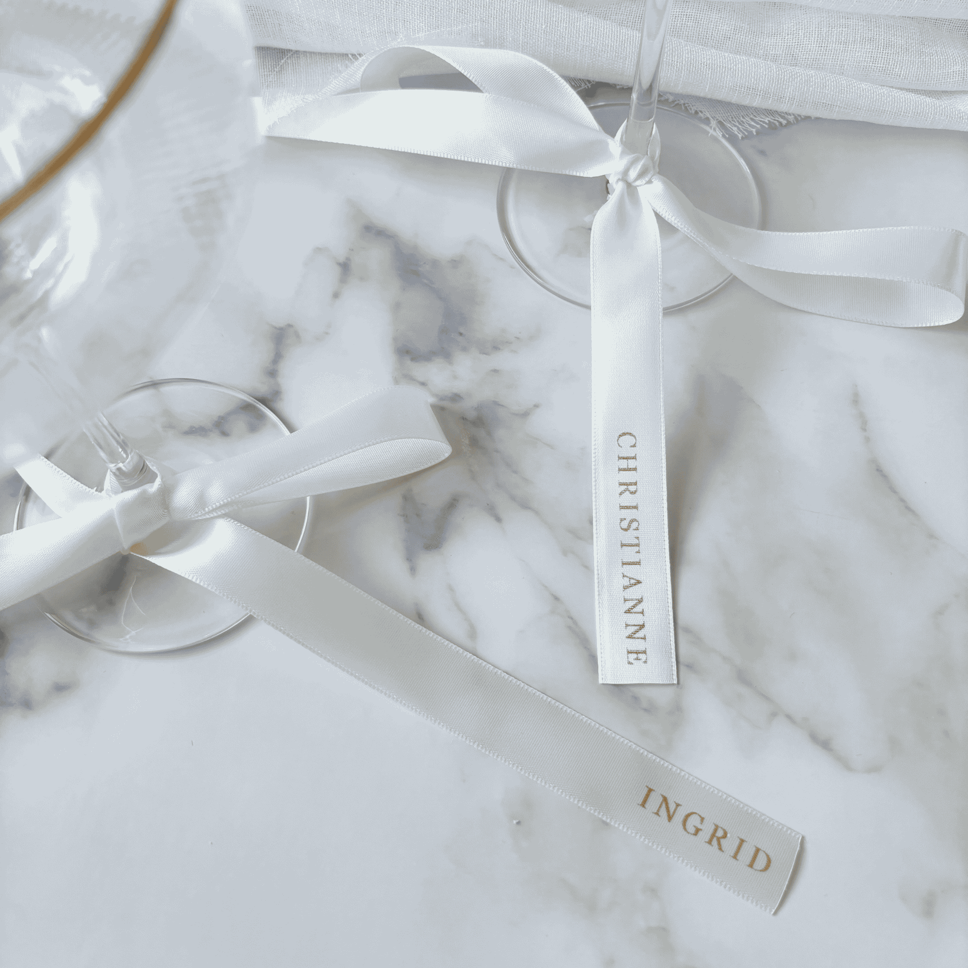 White satin personalised ribbon with gold print for wedding place cards wedding table settings decoration