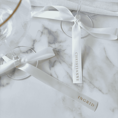 White satin personalised ribbon with gold print for wedding place cards wedding table settings decoration