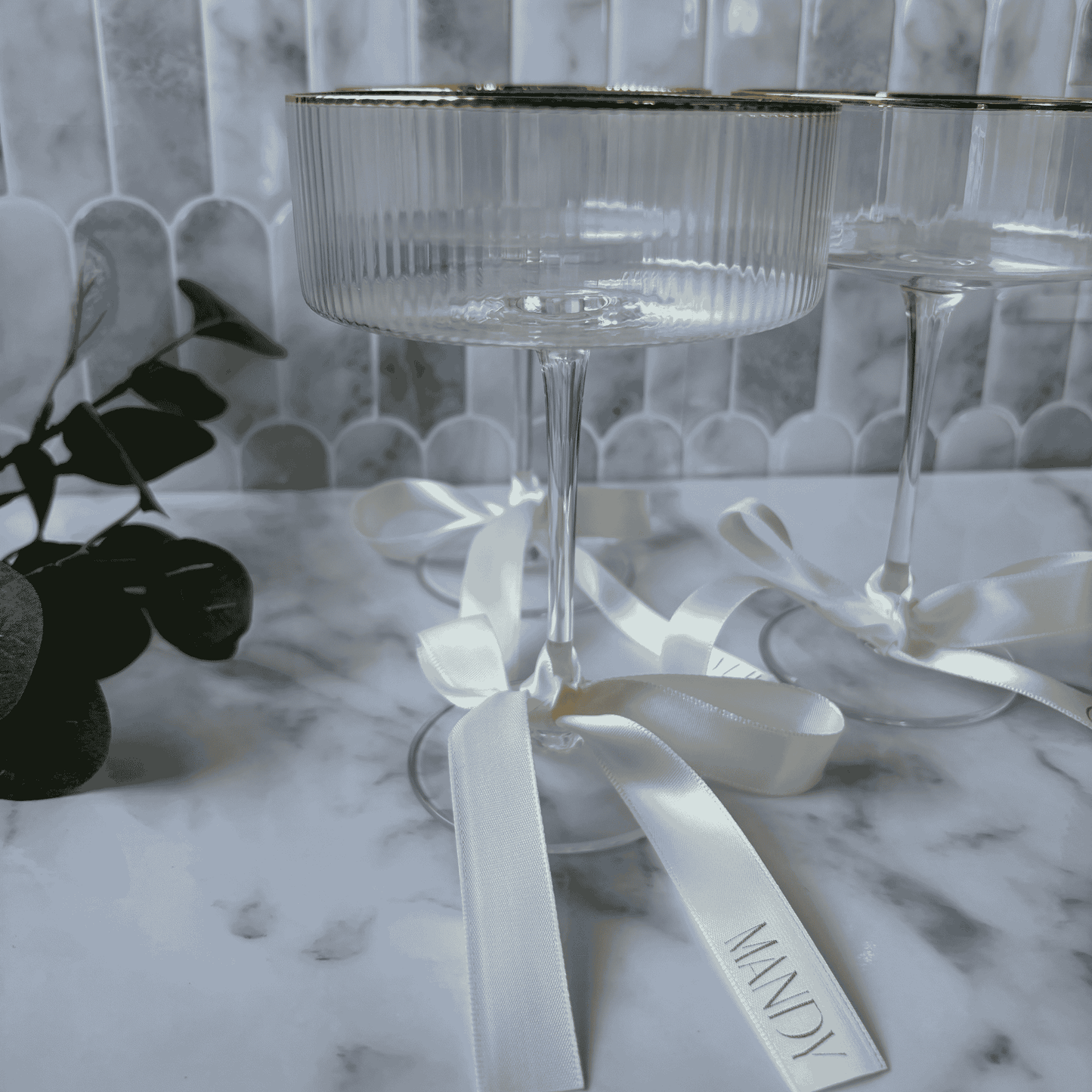 White satin ribbon with silver print for wedding place cards on coupe glasses wedding table settings accessories wedding