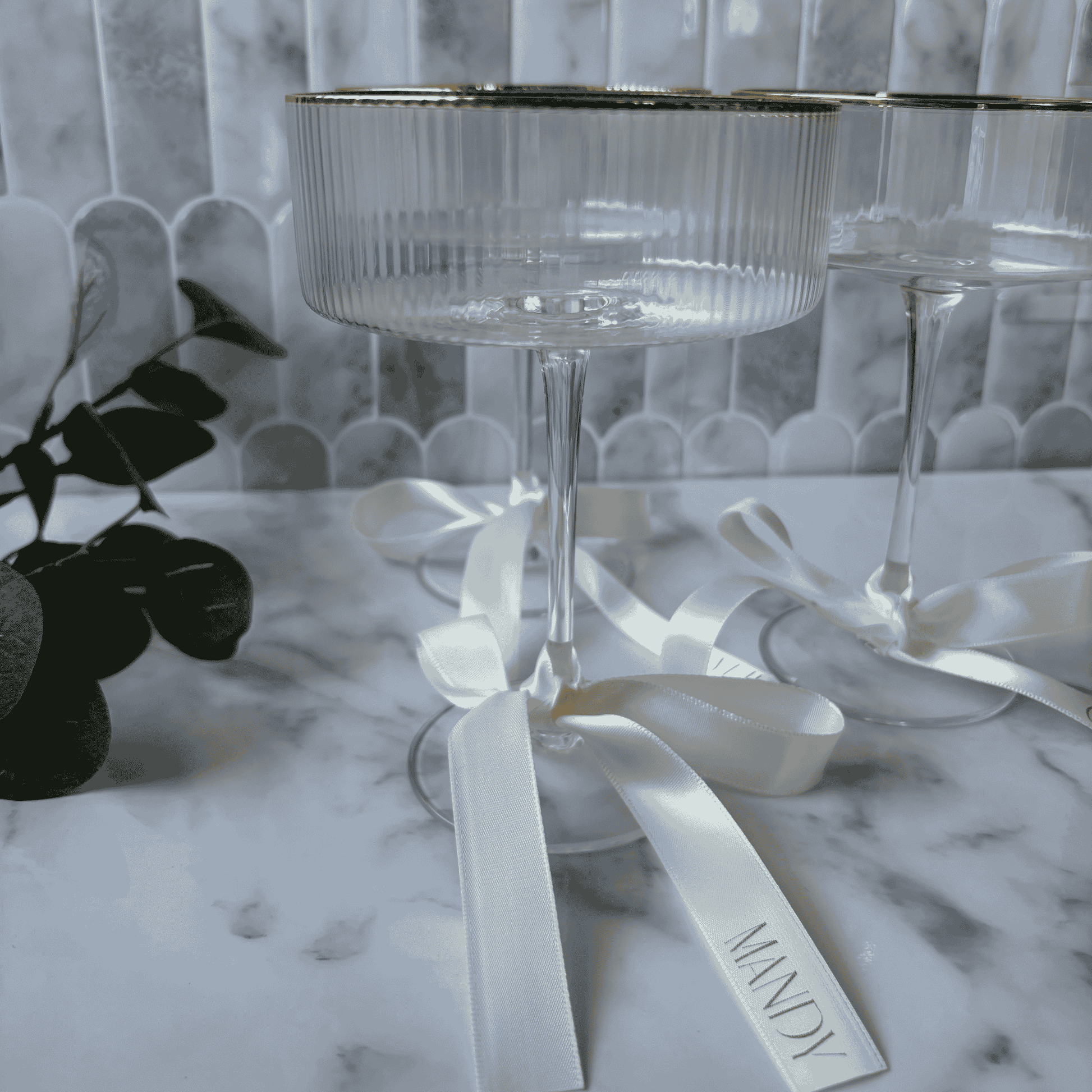 White satin ribbon with silver print for wedding place cards on coupe glasses wedding table settings accessories wedding