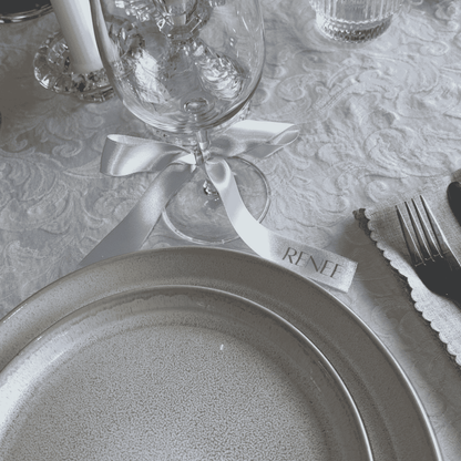 White satin ribbon with silver print for wedding place cards styled table setting wedding table settings accessories wedding