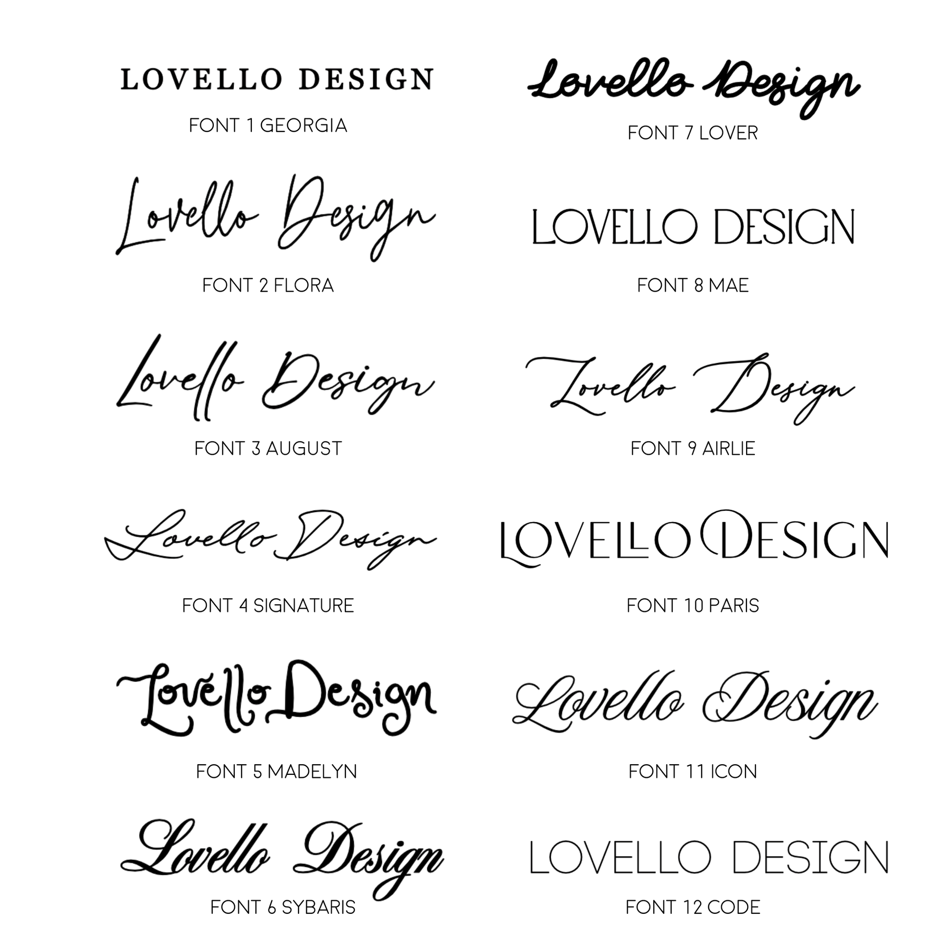 Ribbon font options chart showing 12 personalised script and serif fonts for custom wedding stationery and printed ribbons