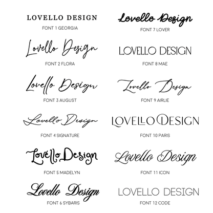 Ribbon font options chart showing 12 personalised script and serif fonts for custom wedding stationery and printed ribbons