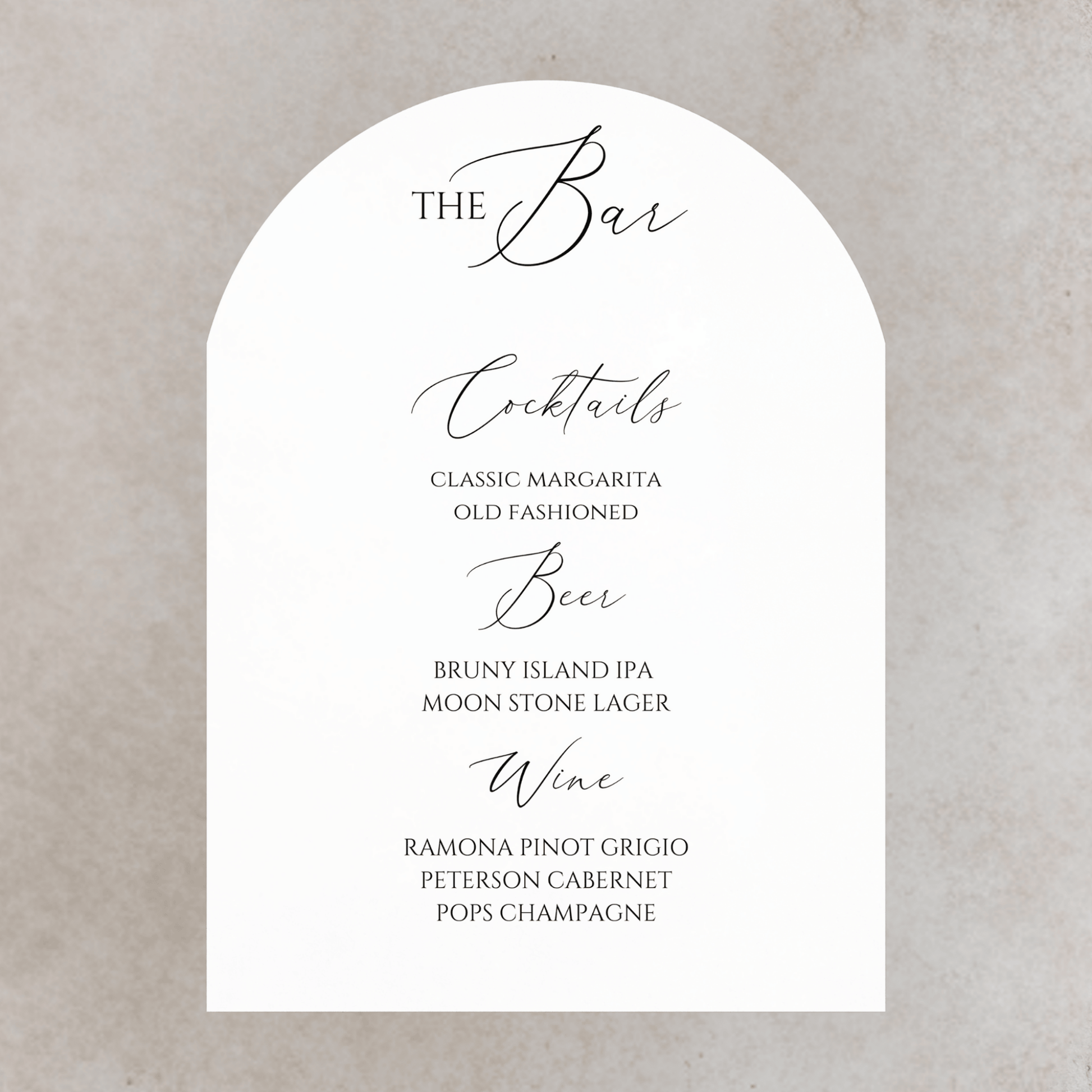 Romance wedding bar sign close up with cocktail, beer and wine menu, part of coordinated wedding signage