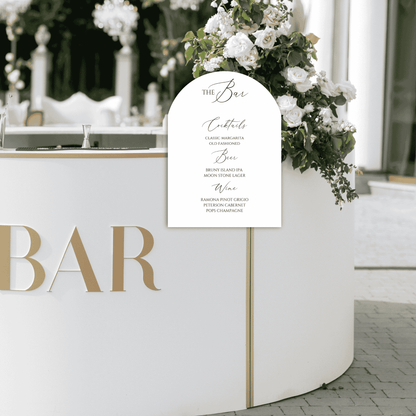 Romance wedding bar sign styled on outdoor floral bar with white flowers and modern wedding decoration