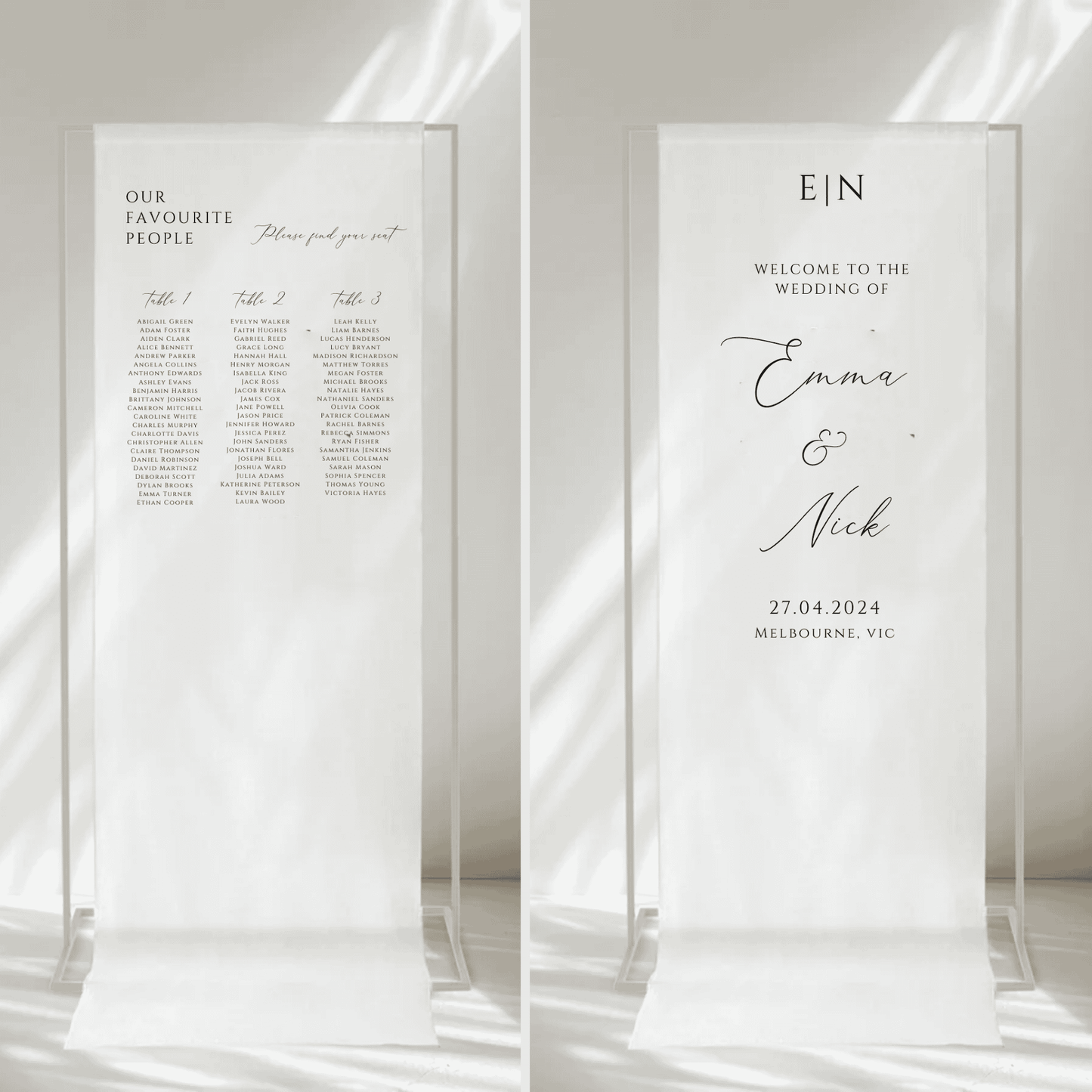 Romance fabric signage bundle with custom seating chart and wedding welcome signs, ideal for wedding stationery