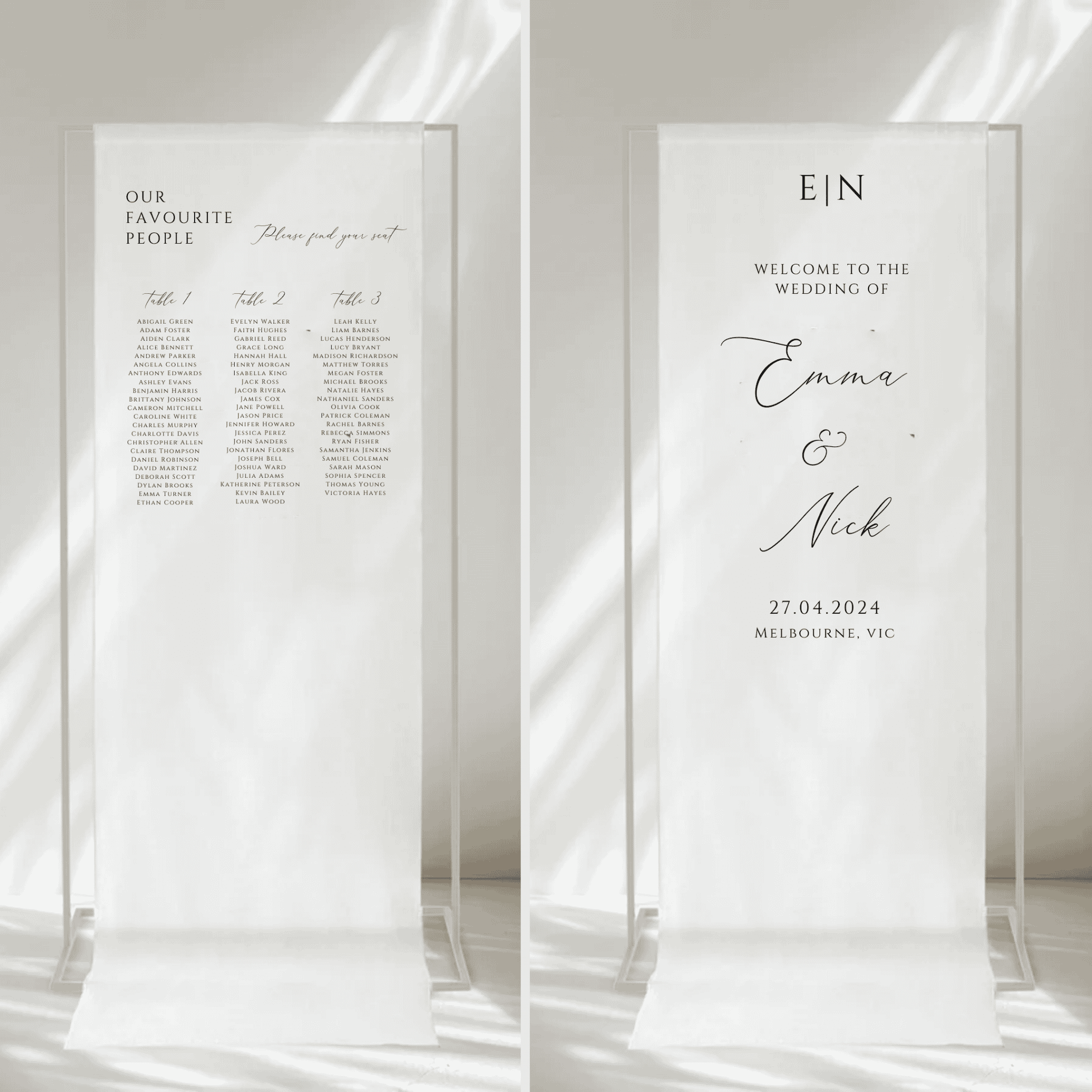 Romance fabric signage bundle with custom seating chart and wedding welcome signs, ideal for wedding stationery