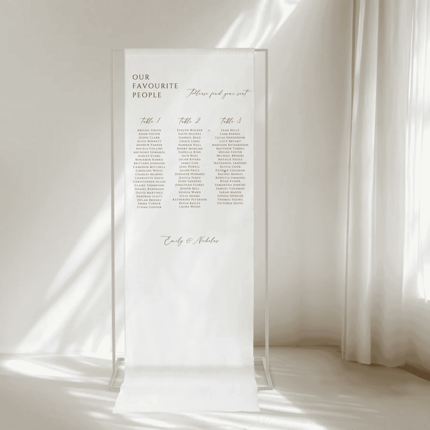 Romance fabric seating chart, custom wedding signage to guide guests, perfect for modern event design