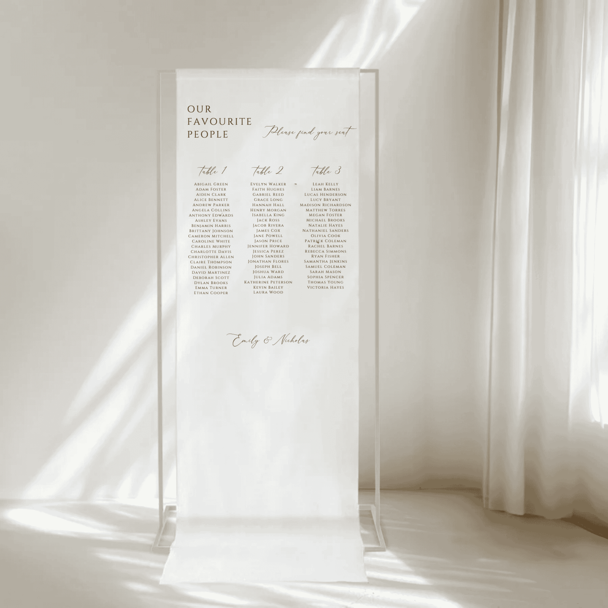Romance fabric seating chart, custom wedding signage to guide guests, perfect for modern event design