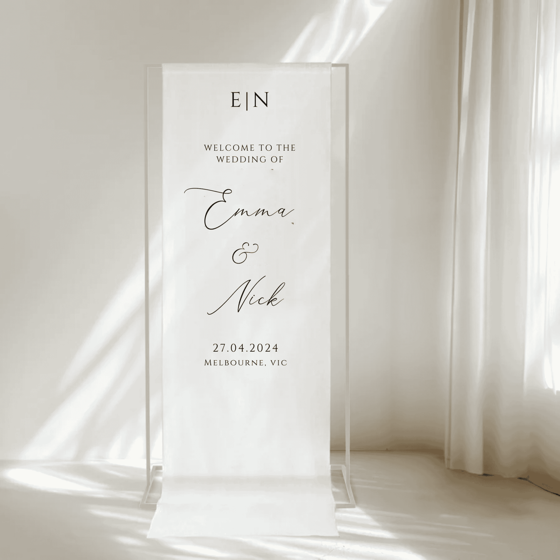 Romance fabric welcome sign, personalised wedding signage for Melbourne invitations and stylish décor