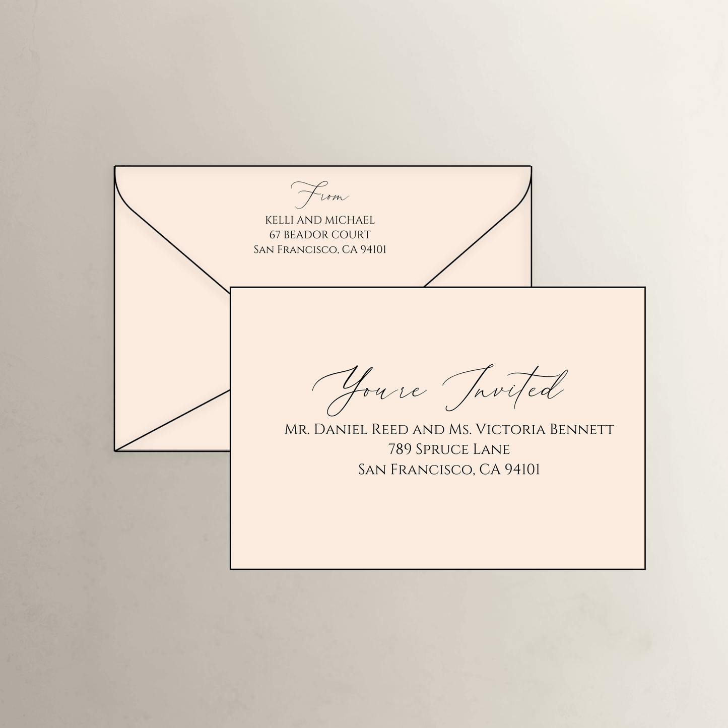 Romance theme printed wedding invitation envelope in soft peach for save the dates and custom wedding invitation sets