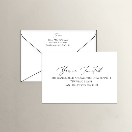 Romance theme printed wedding invitation envelope in white for wedding invites and Melbourne wedding stationery