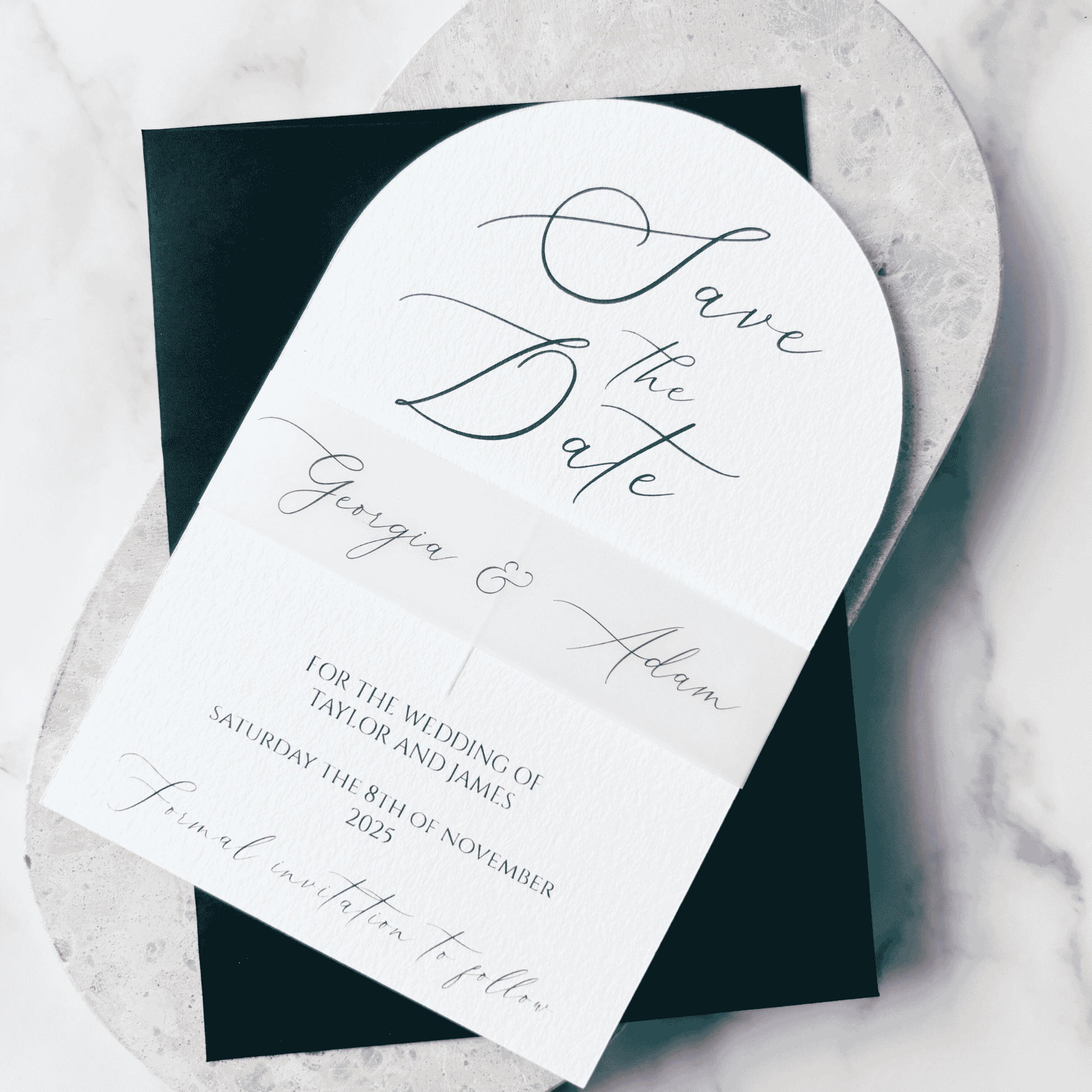 Custom arch Save the Date with black envelope, perfect for modern wedding stationery suites in Australia