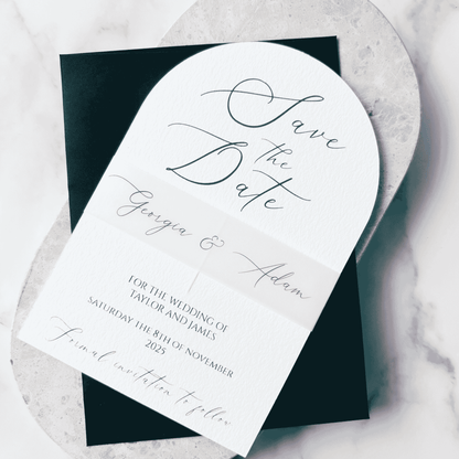 Custom arch Save the Date with black envelope, perfect for modern wedding stationery suites in Australia
