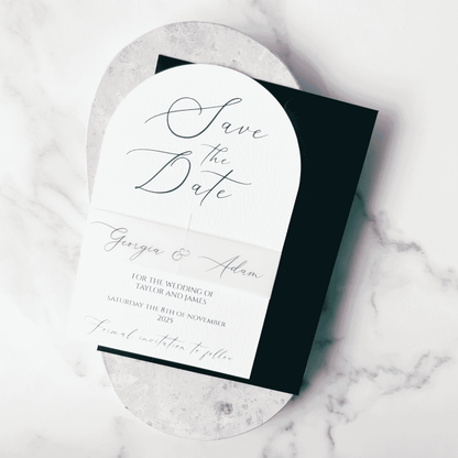 Modern wedding save the date with black envelope, ideal for custom invitation suites and stationery in Melbourne
