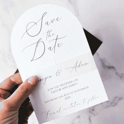 Handmade paper Save the Date with calligraphy, part of our custom wedding invitations and stationery collection