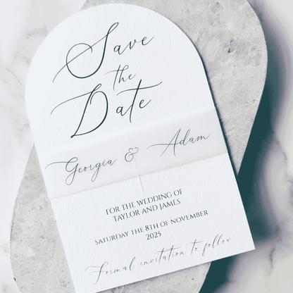 Custom arch save the date card printed on handmade paper for wedding stationery suites and invitation sets