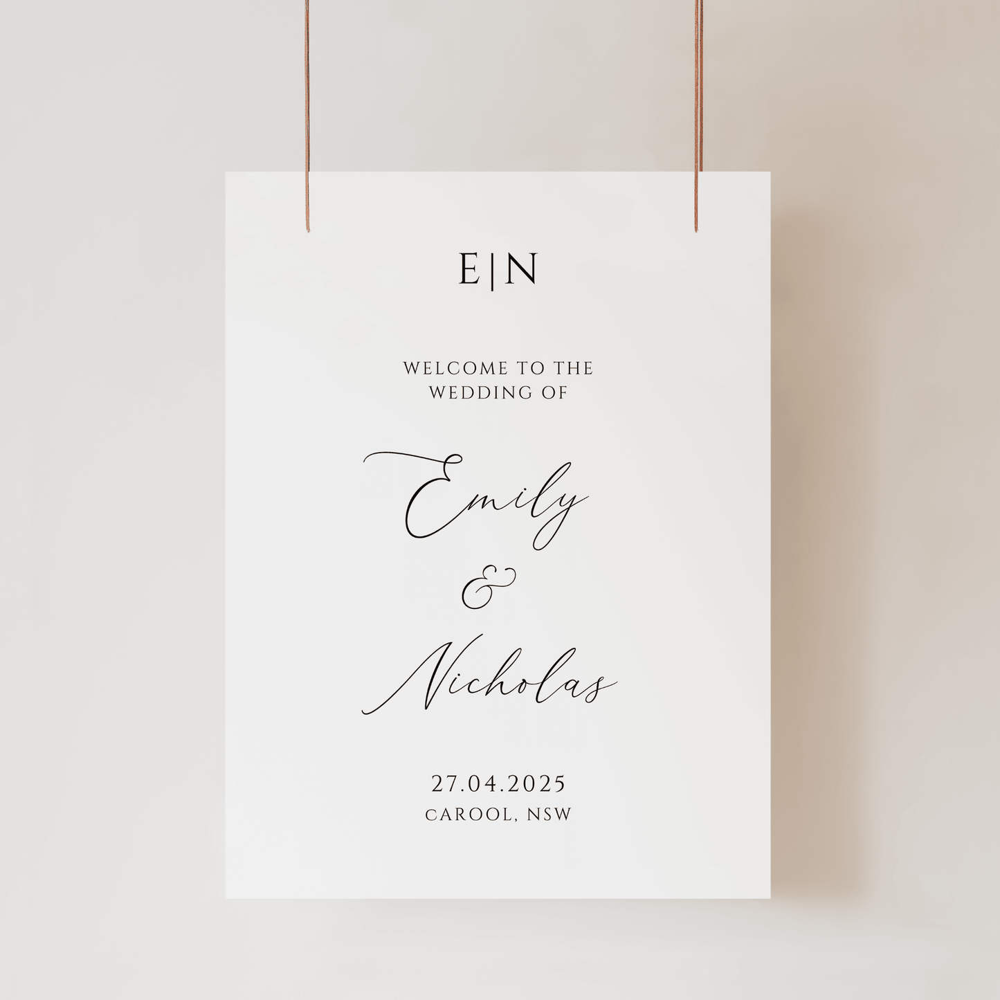 Romance wedding welcome sign with soft minimal layout featuring couple names, date and location details